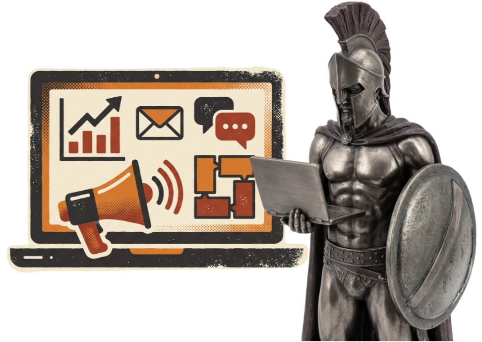 Digital marketing analytics dashboard showing SEO rankings, ad performance and social media metrics