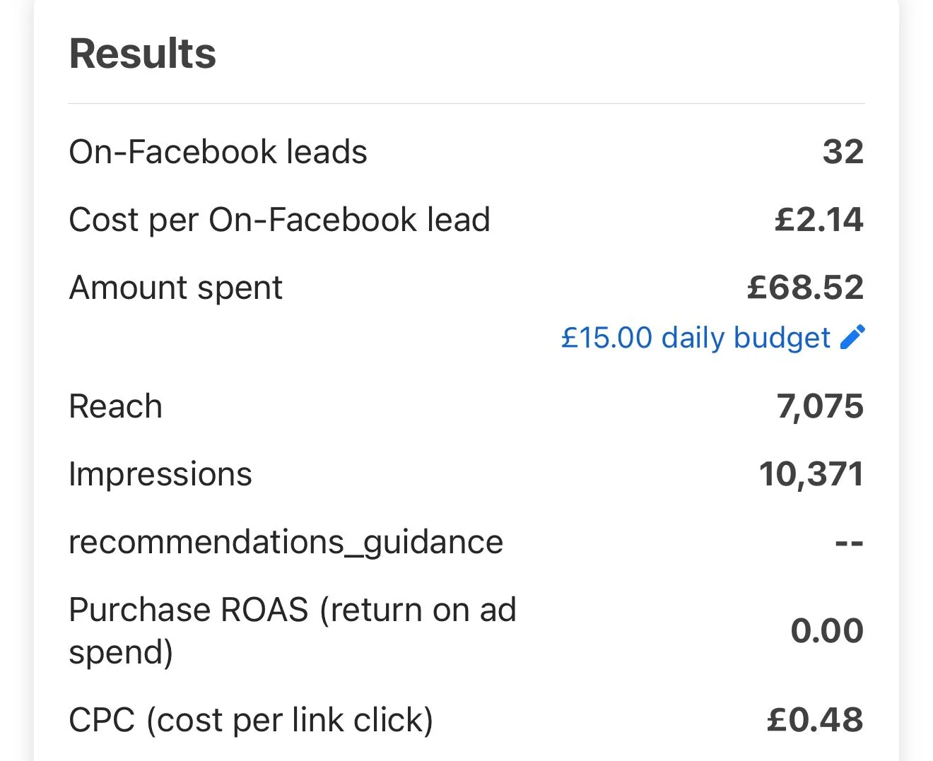 Meta Ads evidence showing 32 leads